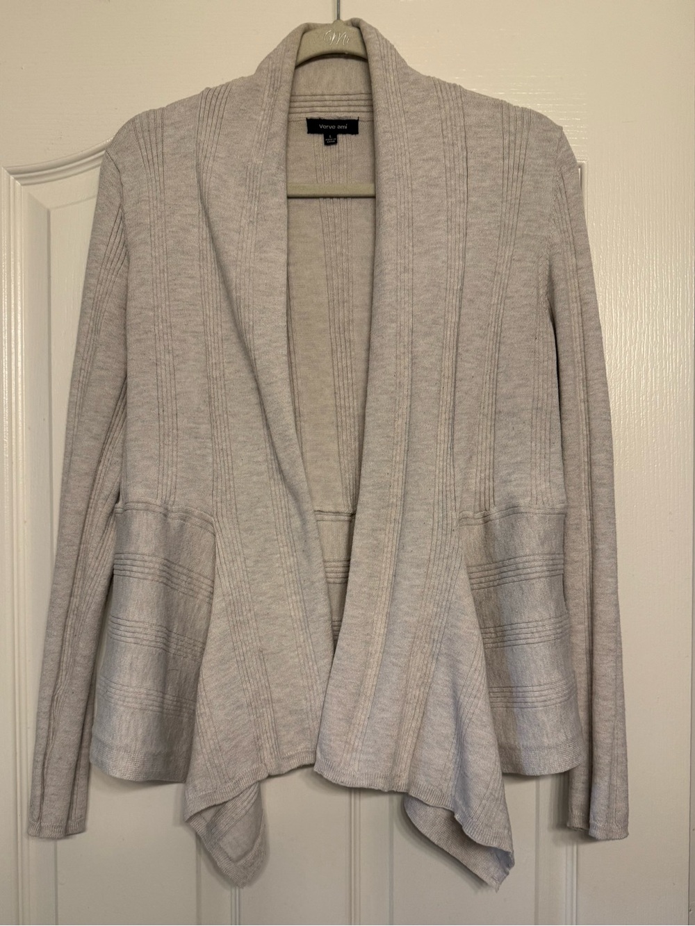 Verve Ami Gray Open Front Cardigan Sweater Sz L Ribbed Knit Pockets